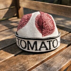Handmade Woven Blanket Hat Tomato Veggie Whimsical Touqe Beanie Vintage Material